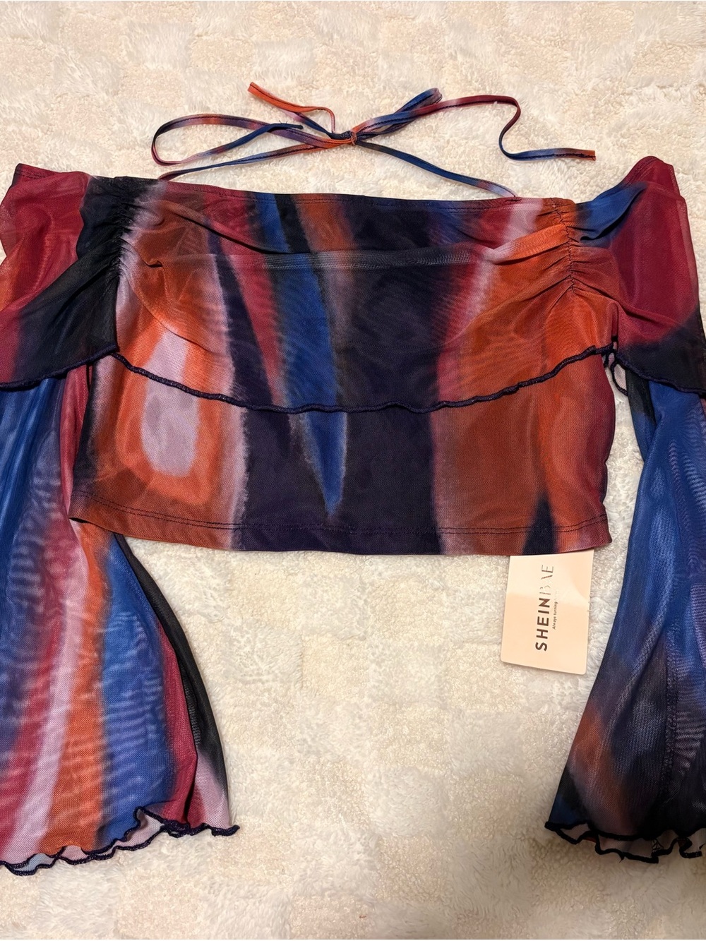 SHEIN Multicolor Off-Shoulder Mesh Crop Top - Red, Blue, Purple